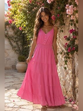 Sleeveless Pink Tiered Maxi Dress with Button Front
